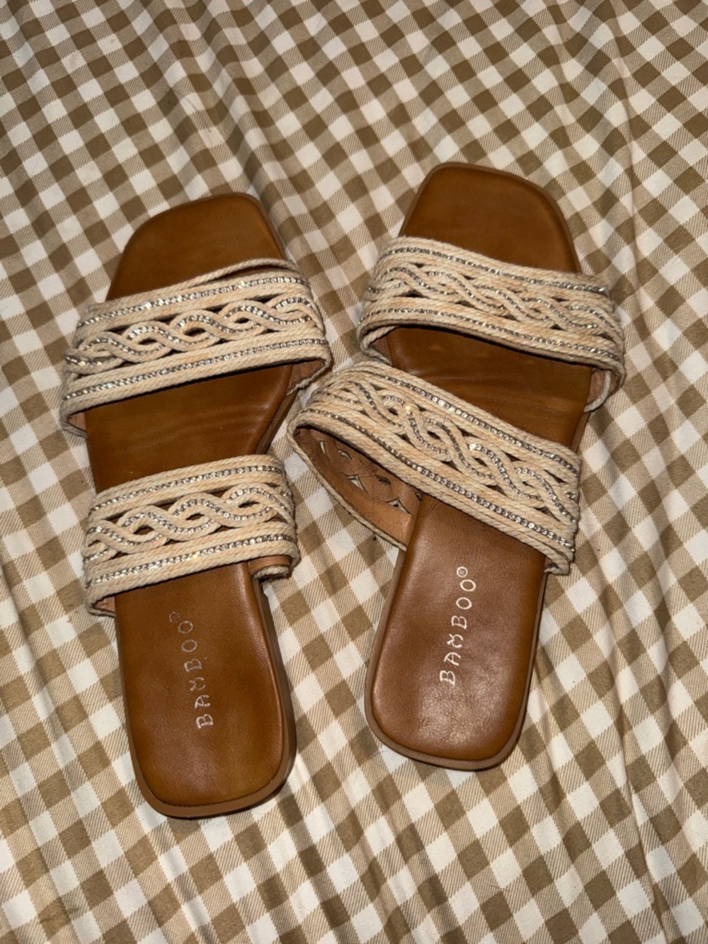 BAMBOO Tan Braided Double-Strap Slide Sandals